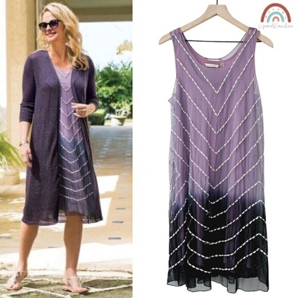 Soft Surroundings La Jolla Ombre Purple Mesh Bohemian Embroidered Swing Dress - Picture 1 of 11